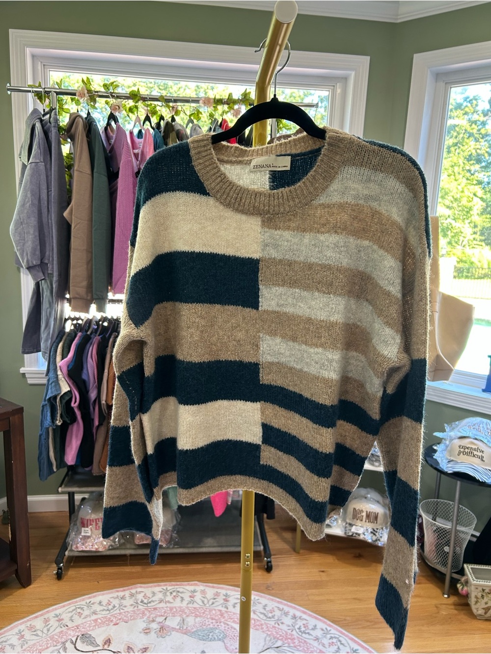 ZENANA TEAL LIGHTWEIGHT WOOL BLEND COLOR BLOCK SWEATER - Picture 2 of 3